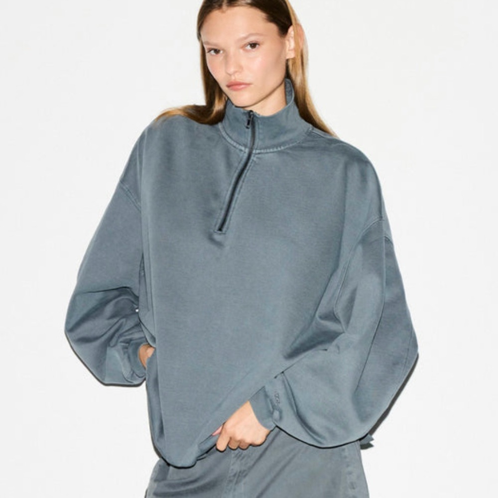 SKIMS Boyfriend Fleece Slouchy Half Zip Pullover – Zircon Blue  NWT Sealed bag S